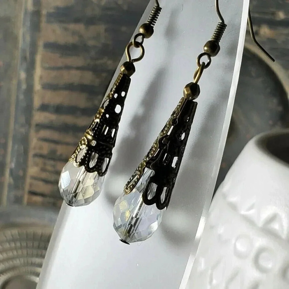 Faceted Clear Luster Crystal Antique Bronze Filigree Teardrop Earrings - Picture 3 of 9